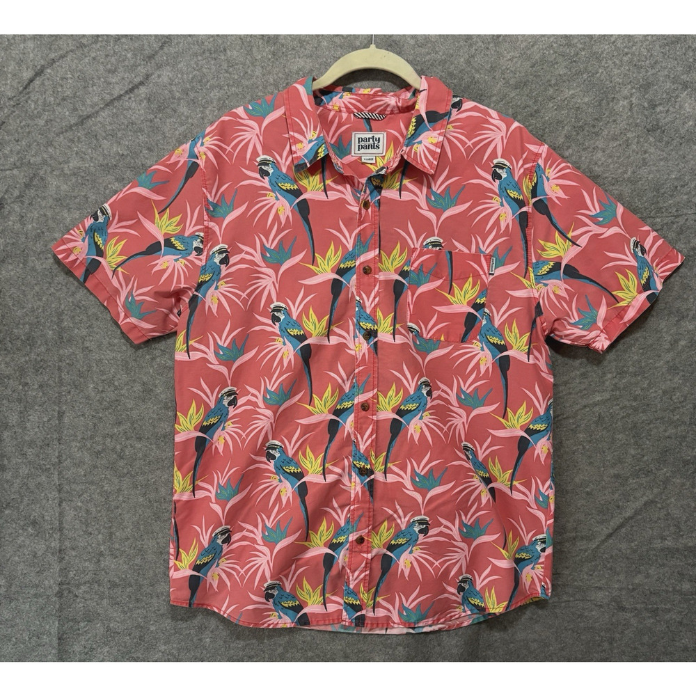 Party Pants Parrot Hawaiian Shirt Mens XL Pink Pocket‎ Lightweight Tropical